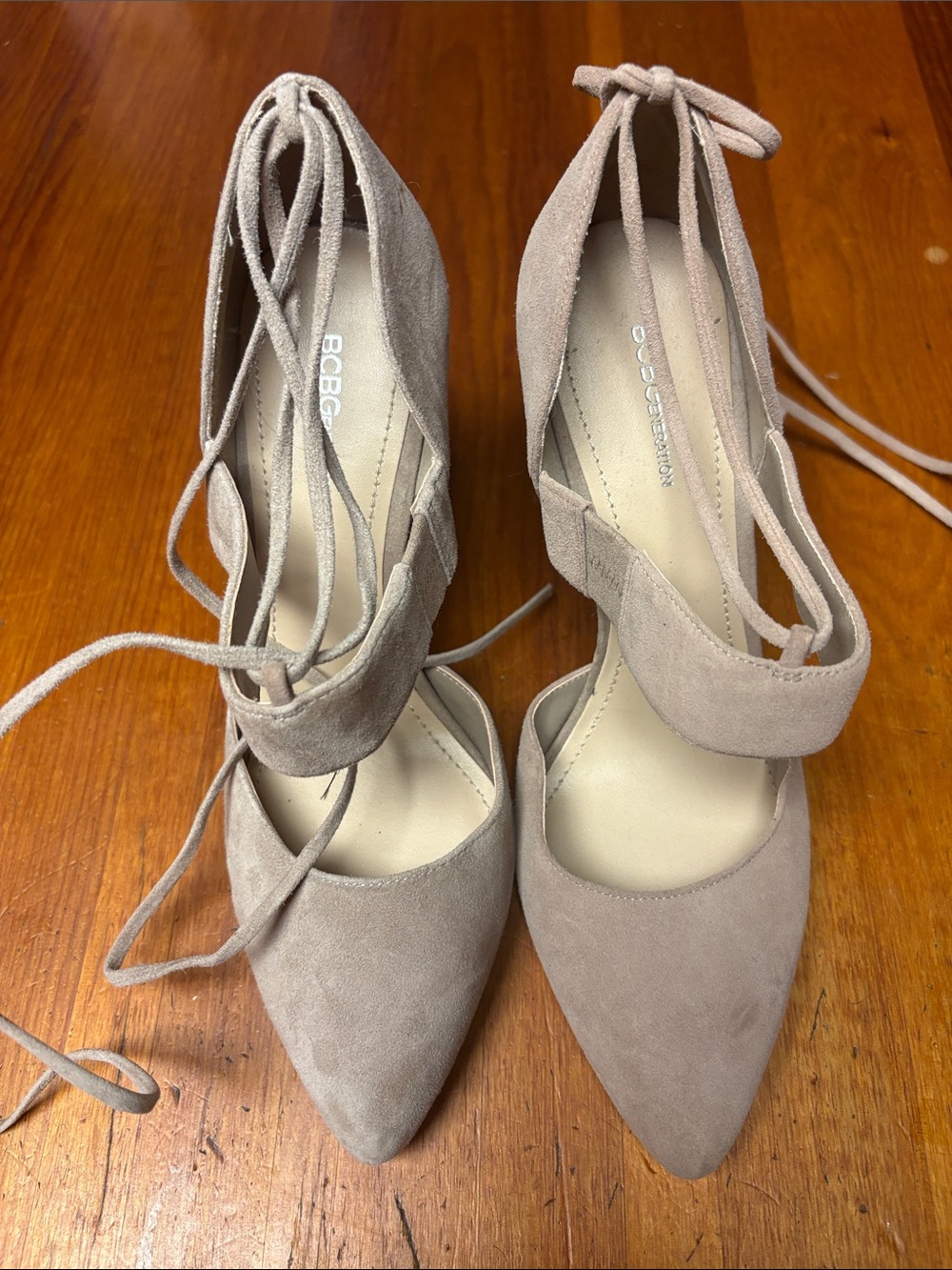 BCBG Taupe Suede Pointed Lace-Up Heels